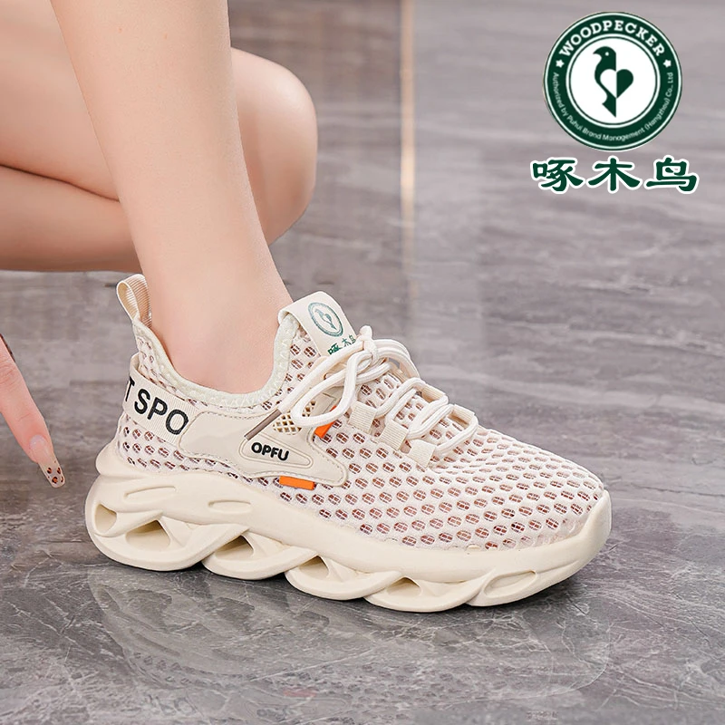 啄木鸟百搭软底ins潮流女鞋2025镂空透气休闲增高潮鞋运动鞋网鞋