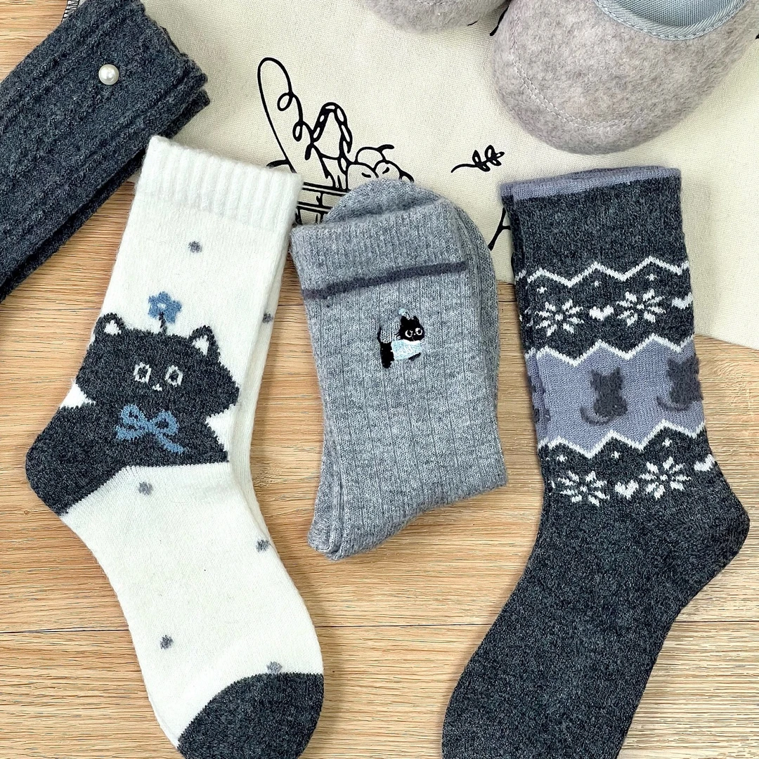 秋冬费尔岛日杂风小猫毛袜秋冬加厚保暖中筒袜长袜堆堆袜子女