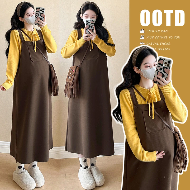 秋冬加厚套装韩版时尚宽松系带针织打底毛衣+背带裙两件套中长款