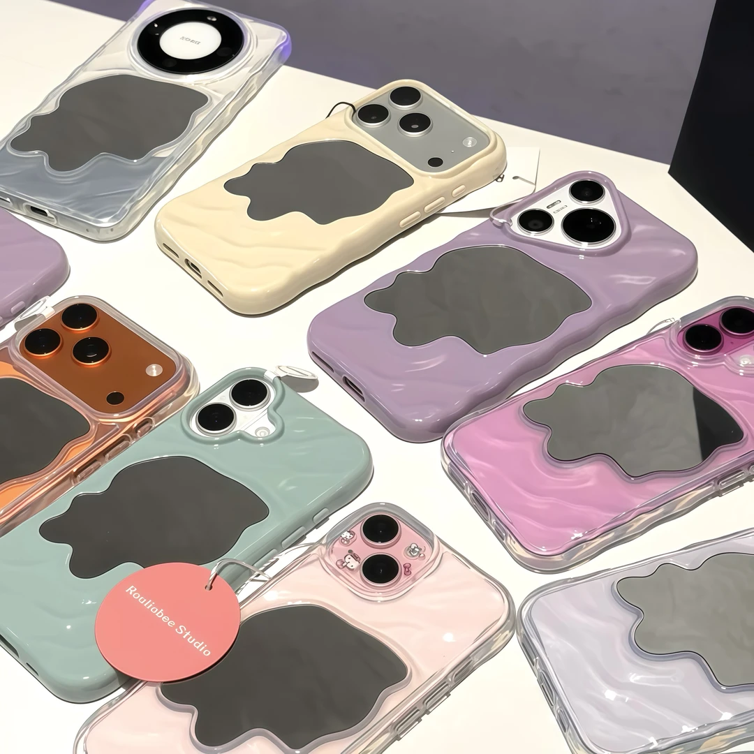 高颜值水波纹镜子适用苹果17/16手机壳iPhone15华为mate70潮P80套