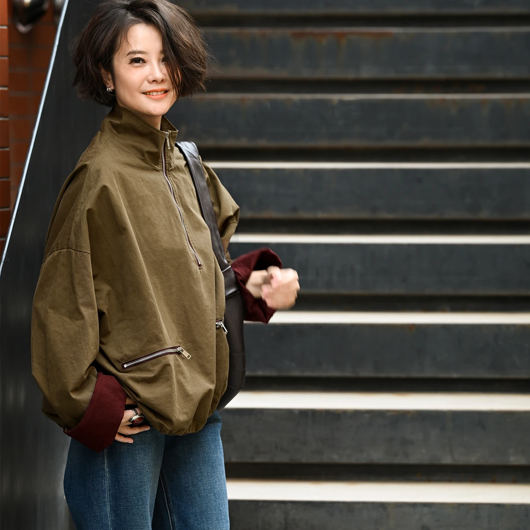 换季W30319 文艺休闲宽松纯棉拉链高领拼色套头短夹克外套女