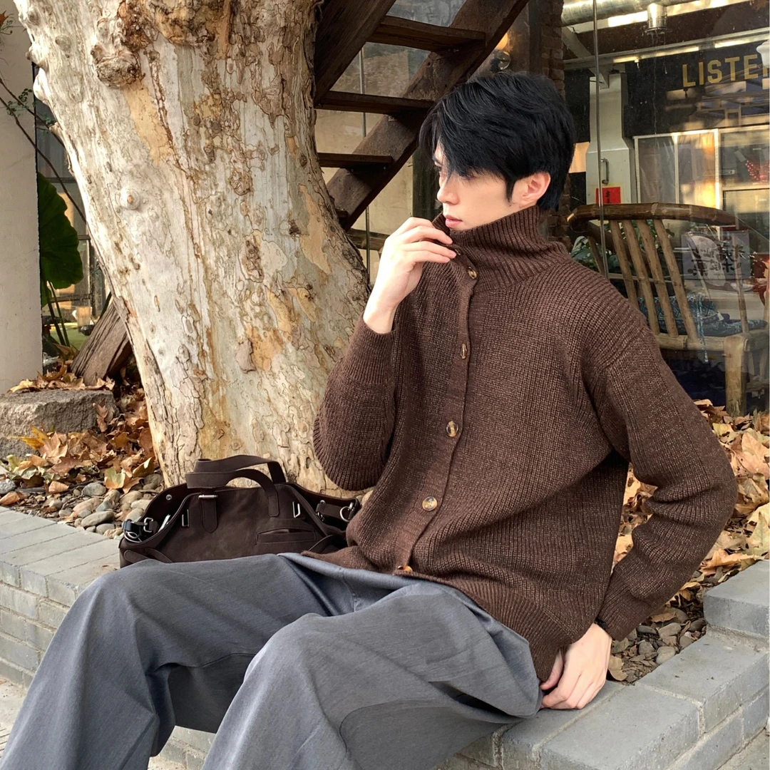 美式立领针织衫外套男秋冬宽松慵懒风开衫毛衣