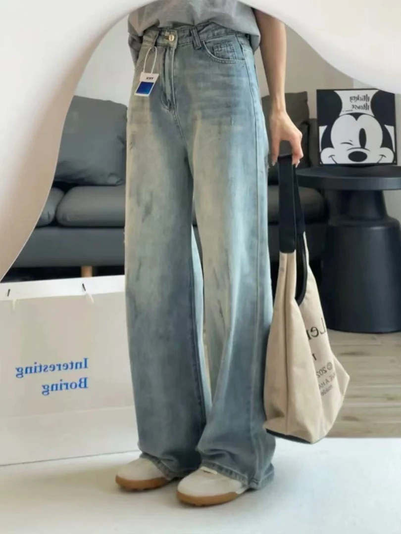 【慕妍专属】9901（裤长108左右）月光蓝春款高腰窄版拖地阔腿牛仔裤