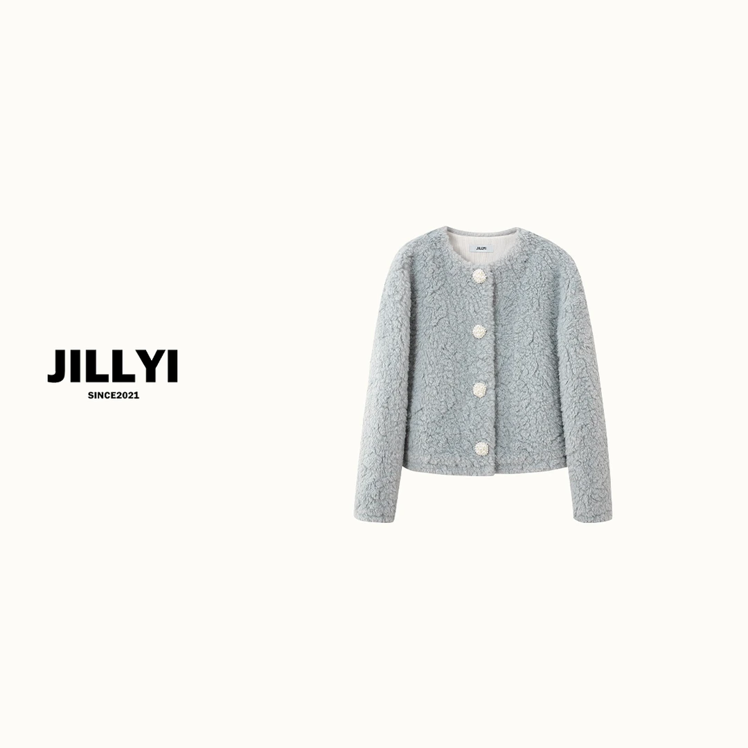 jillyi【浅蓝泰迪】蓝色圆领珍珠单排扣贵气时尚毛呢外套秋冬季百搭