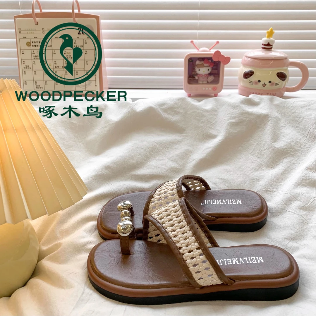 啄木鸟绝美厚底套趾拖鞋女夏外穿2025新款复古编织超火沙滩凉拖鞋