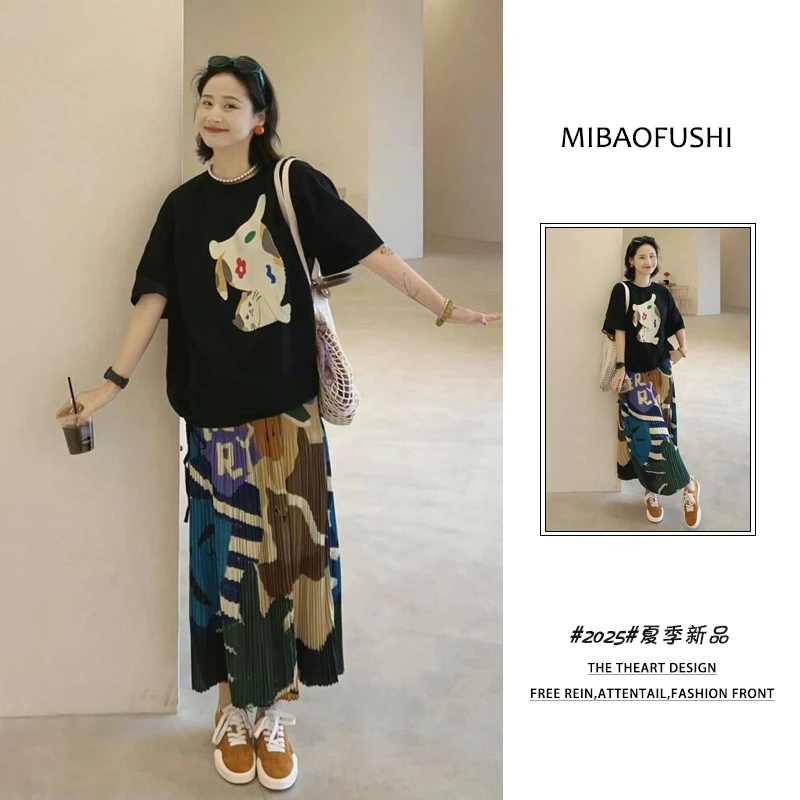 【现货】夏季穿搭一整套2025新款韩系时尚印花上衣百褶半身裙两件套