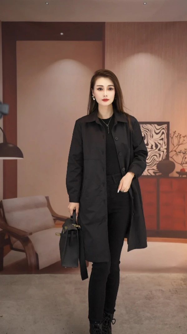 春秋新款女士中长款宽松时尚百搭风衣外套