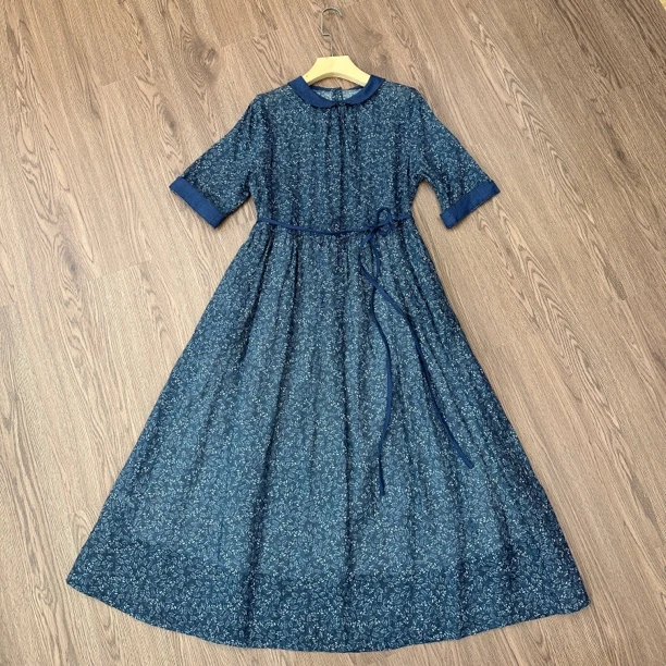 苎麻碎花连衣裙蓝色长款裙子女夏季印花收腰显瘦气质文艺大摆长裙