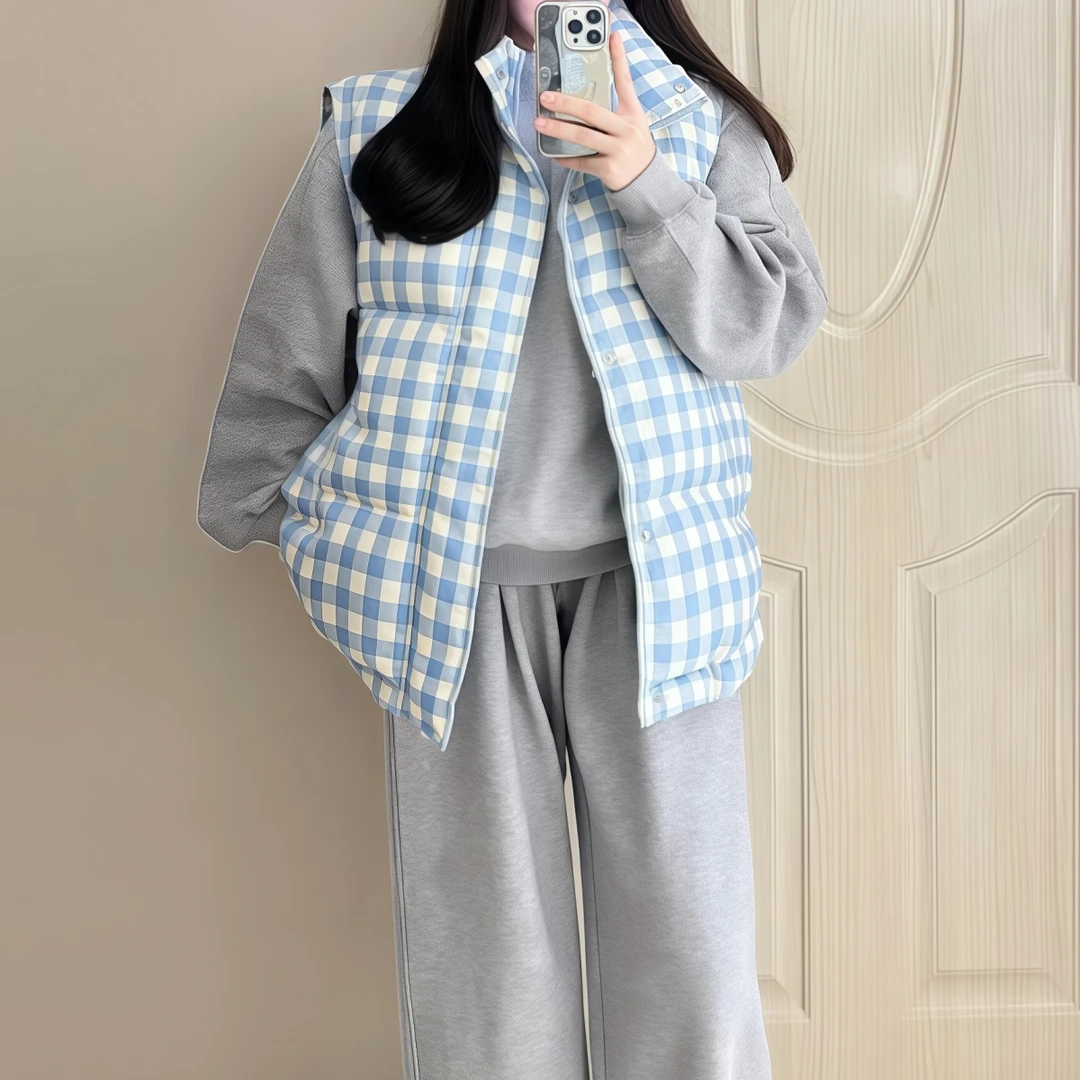 超好看减龄 胖mm大码撞色格子棉服马甲背心女秋冬气质宽松外套603