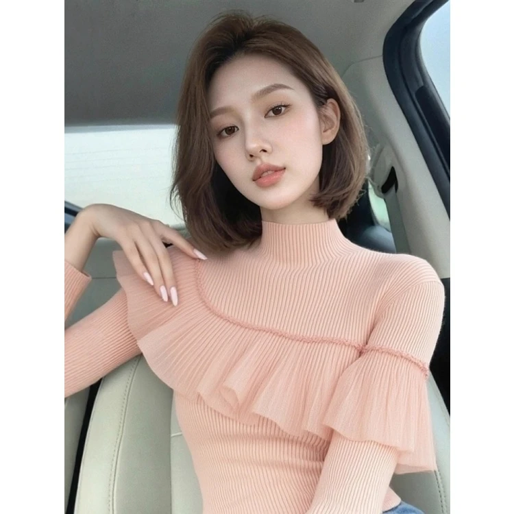 粉色甜辣妹修身荷叶边毛衣针织打底衫女设计感法式半高领上衣秋冬