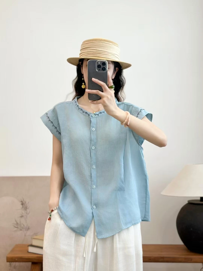 【25130】夏季新款100%苎麻刺绣宽松时尚休闲百搭显瘦飞飞袖衬衫女