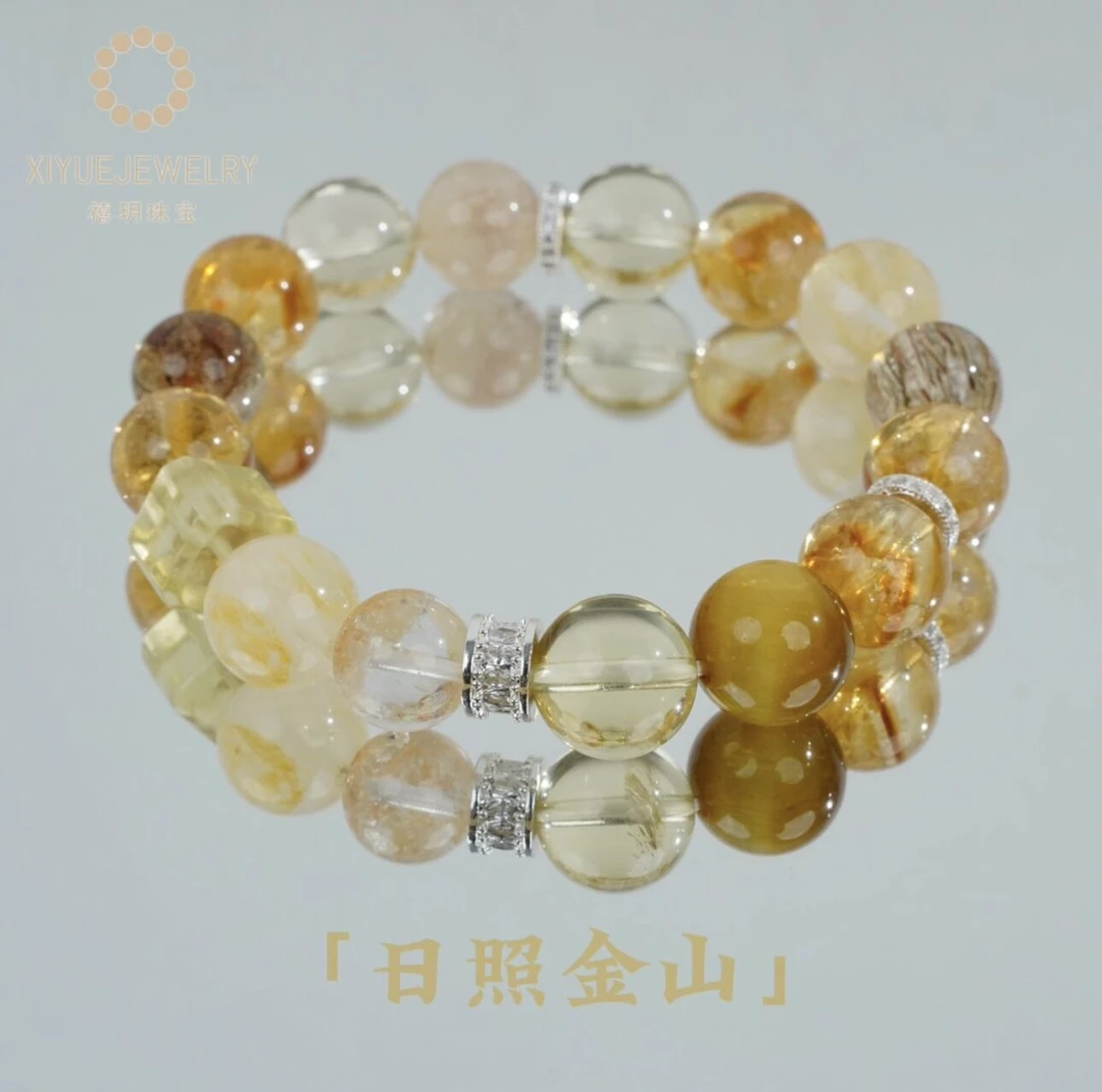 【禧玥-日照金山】天然黄塔晶柠檬晶黑金超七彩兔毛黄胶花原创设计