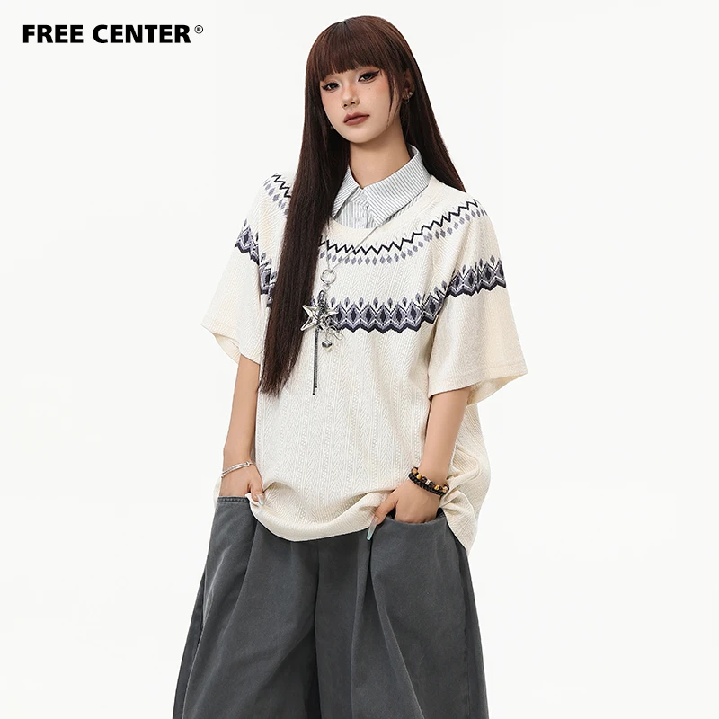 Free Center费尔岛假两件POLO短袖夏男女插肩袖复古麦穗提花半袖