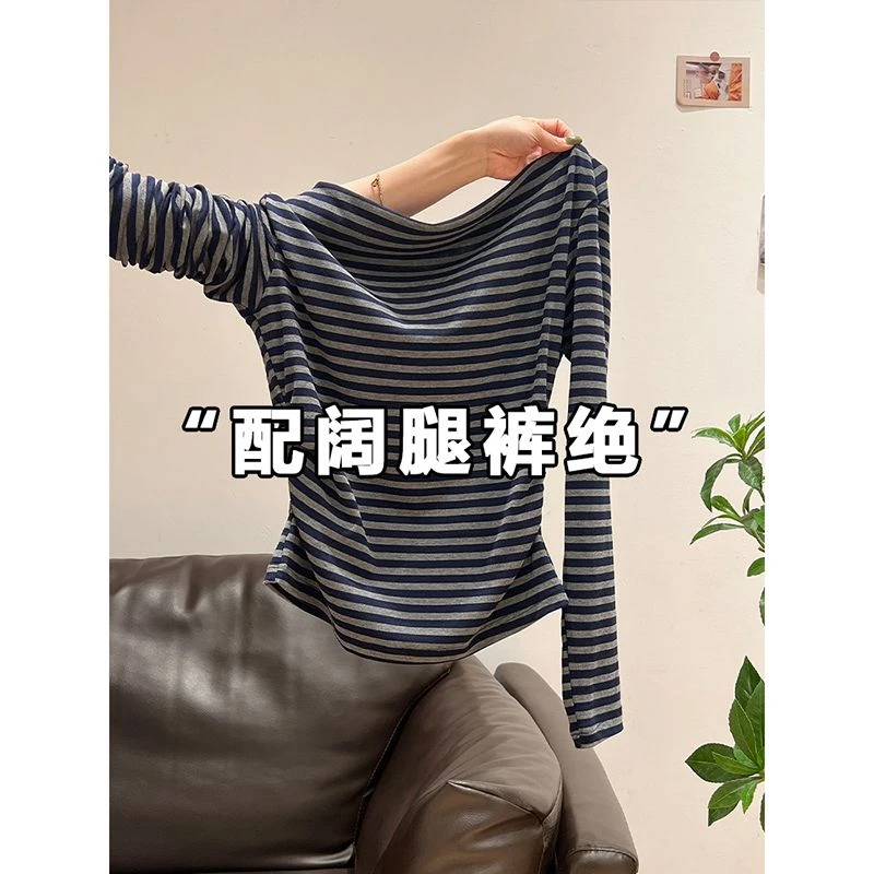美式辣妹条纹斜肩长袖T恤早秋冬女装2025新款收腰露肩打底衫上衣
