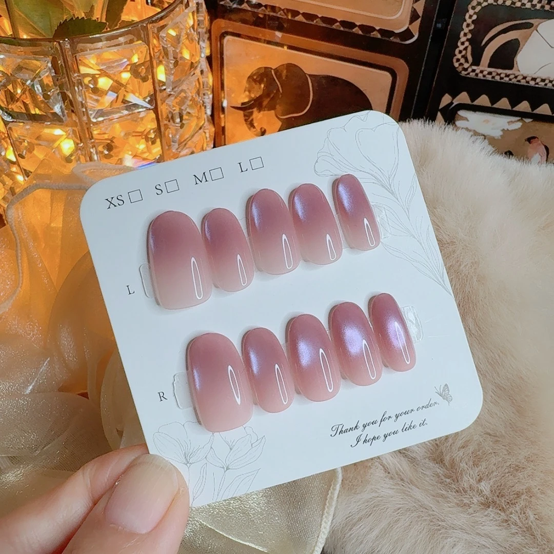 高级感玻璃珠渐变猫眼穿戴甲短款显白日常百搭美甲贴片手工甲猫眼