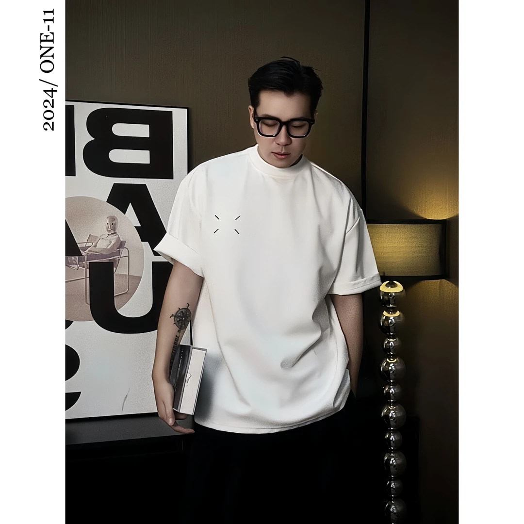 320克重磅液态棉潮牌宽松四点刺绣男士短袖t恤夏季冰丝男生体恤