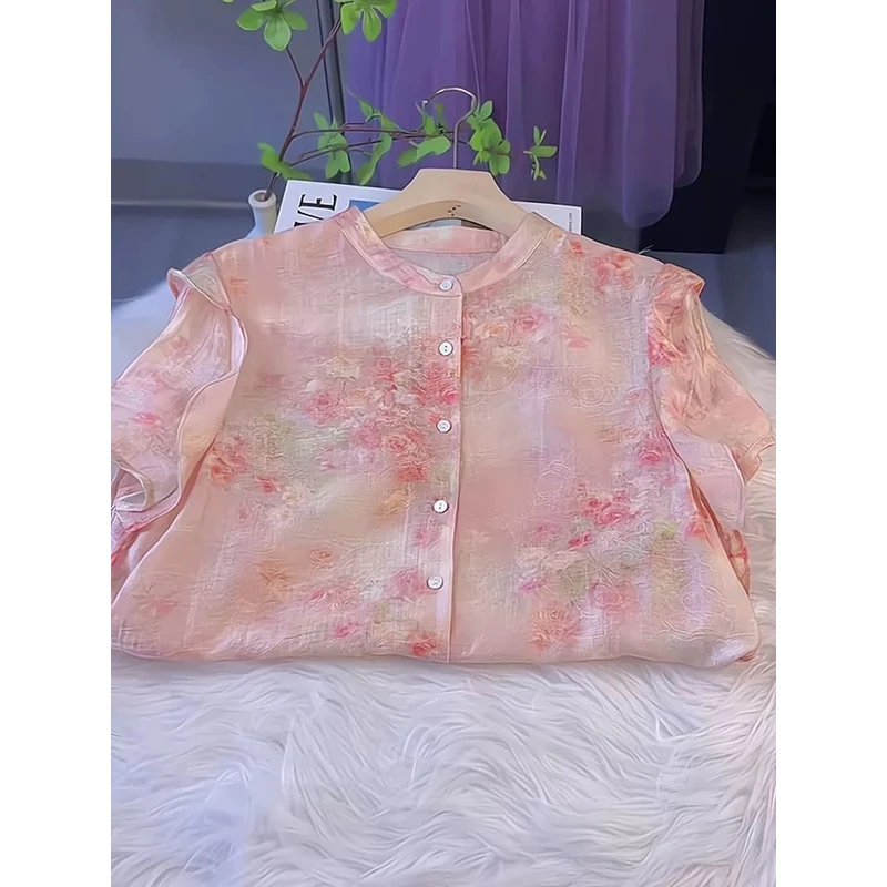 粉色温柔风碎花短袖衬衫女2025夏季新款设计感宽松百搭小飞袖上衣