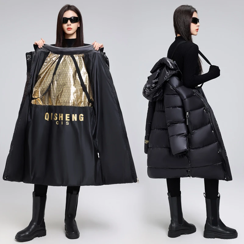 QISHENG/祺盛2025中长款黑金棉服冬季保暖棉衣时尚百搭棉袄12款