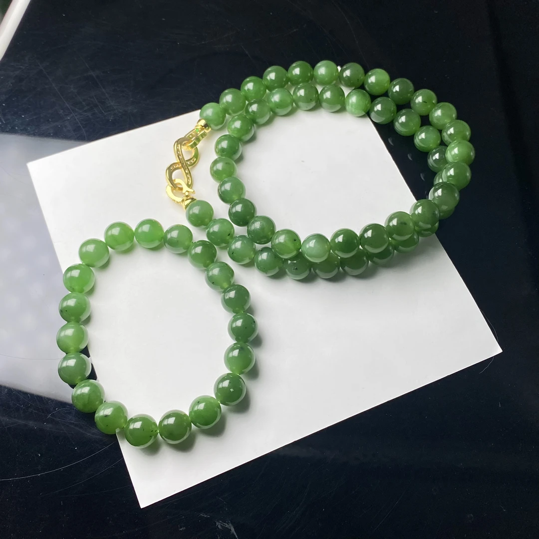 和田玉碧玉项链+手串套装（微黑点）尺寸10mm