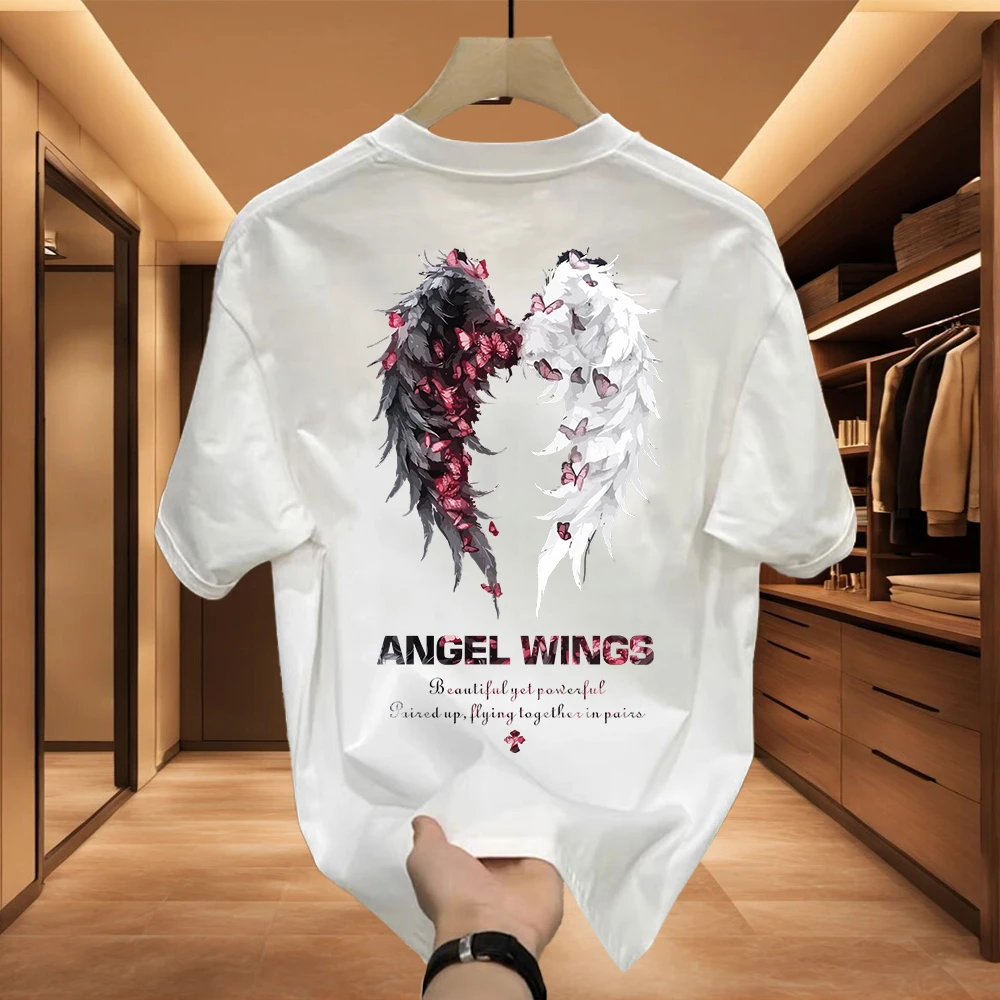 短袖高级感T恤-天使翅膀喜居麦男女潮牌街头宽松百搭男t恤短袖