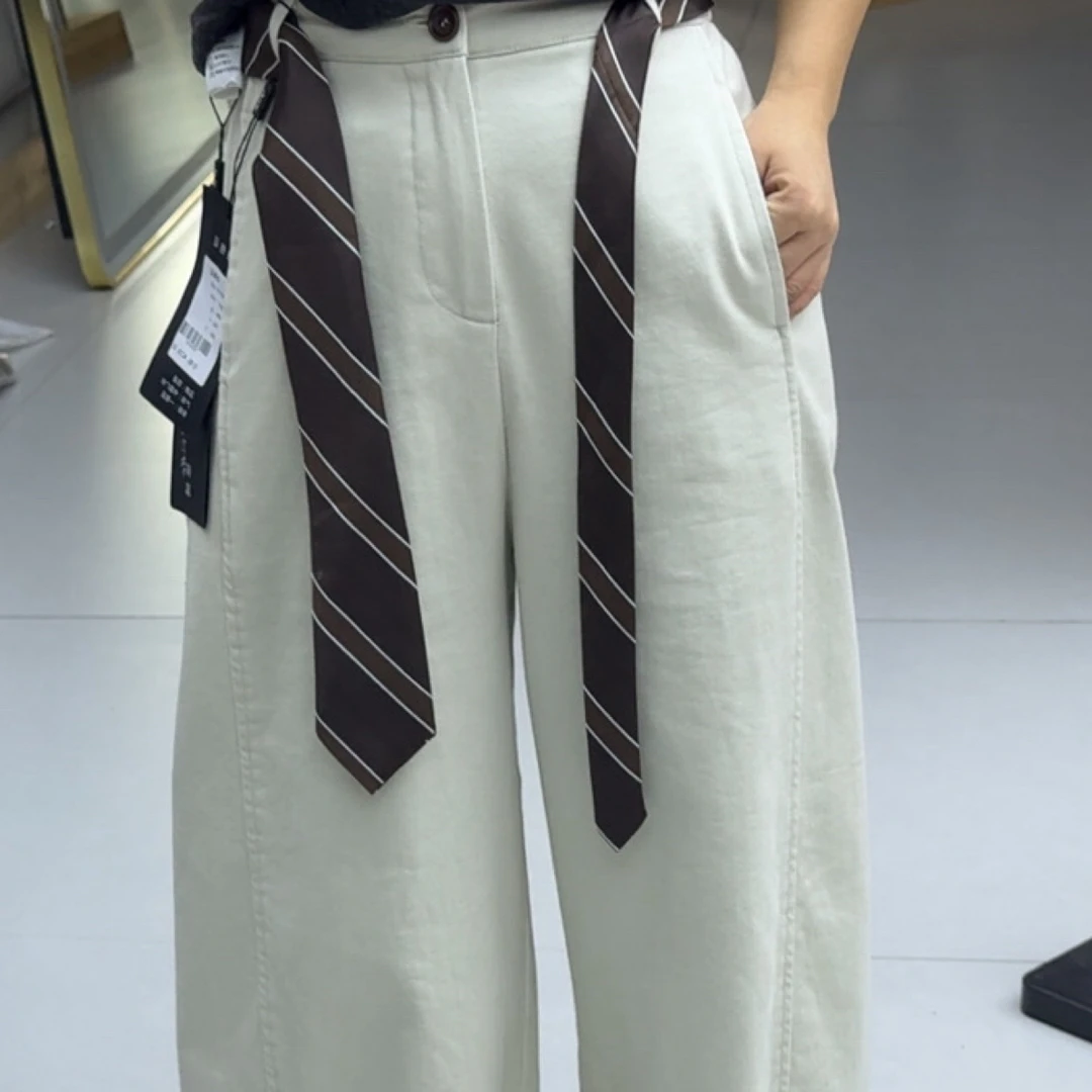秋冬新品韩版小个子简约弯刀裤女复古领带休闲裤九分裤