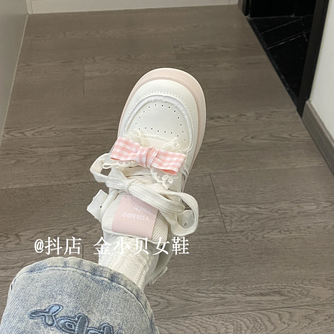 金小贝女鞋日系丑萌粉色蝴蝶结小白鞋女2025新款夏季透气可爱板鞋