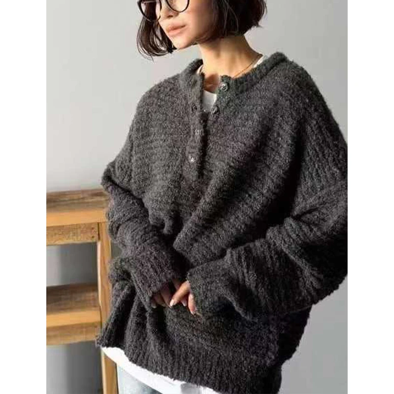 【百万严选】少量！慵懒风 半开扣圆领套头针织衫~A1211