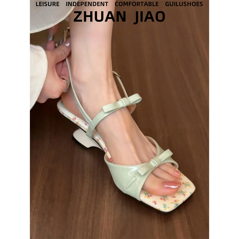 【DR设计师联名】羊皮版~法式仙女风方头露趾坡跟凉鞋女小碎花蝴