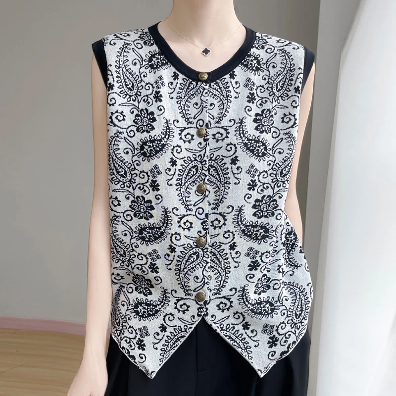 品牌2025夏季新款圆领针织衫轻薄开衫女时尚提花气质无袖背心上衣