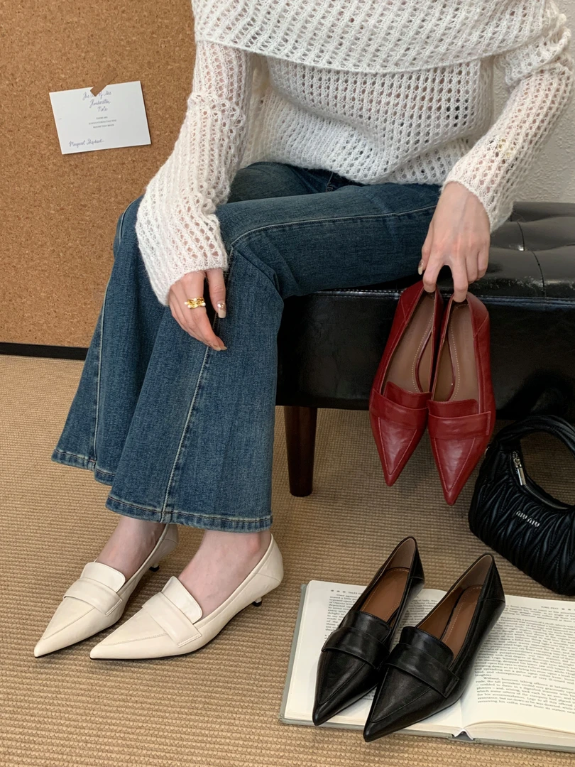 【原创】1313-3法式英伦风细跟小皮鞋百搭尖头高跟鞋深口职业单鞋