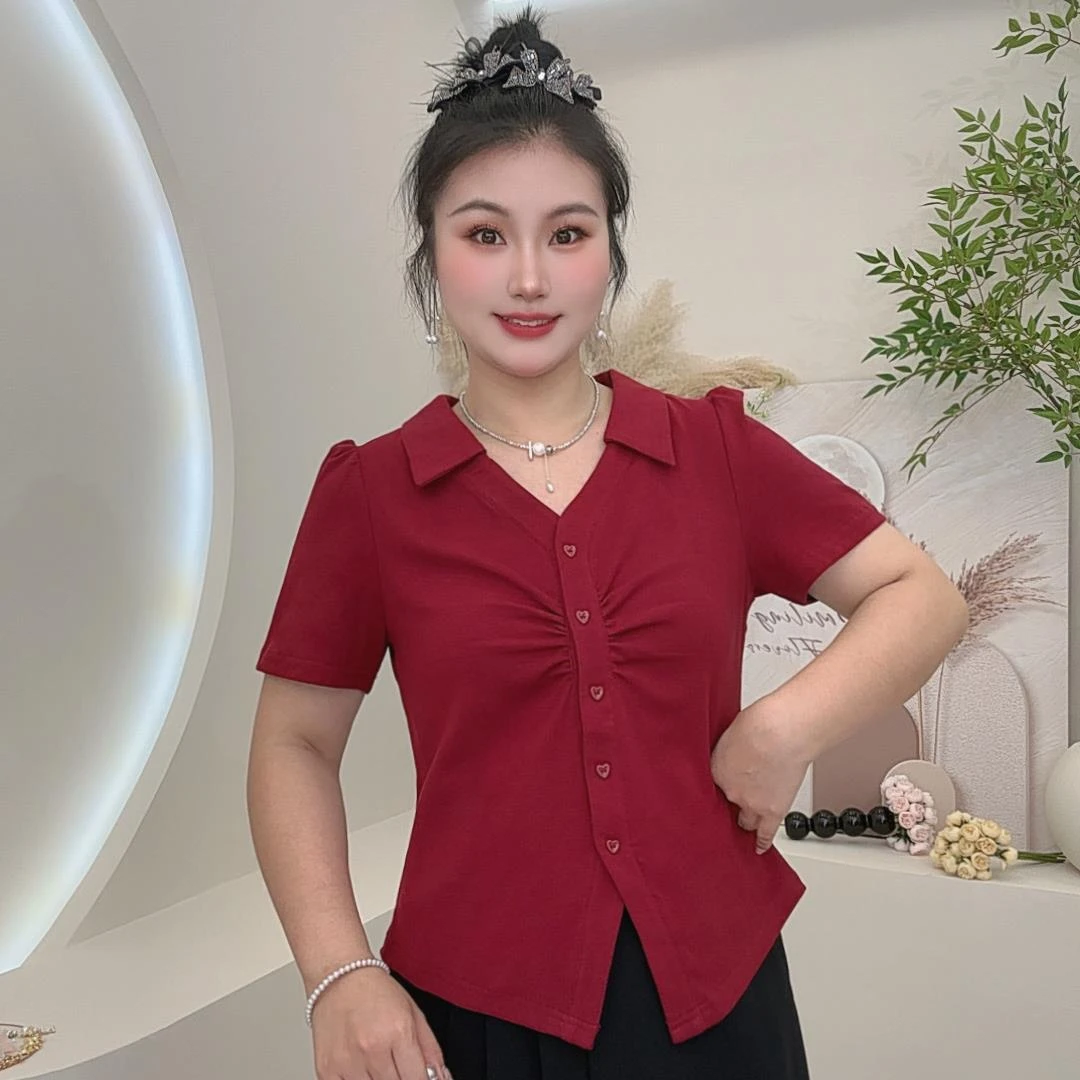 大码女装新款显瘦爱心纽扣短袖T恤2025夏季百搭设计感时尚上衣