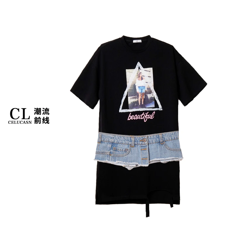 潮流前线/CELUCASN夏季新款宽松休闲纯色印花中长款短袖#J8IB5830