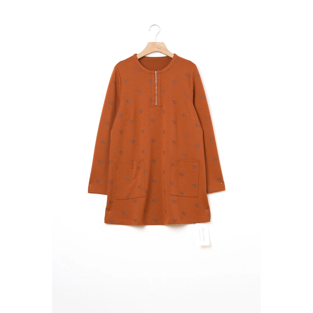 蝶令花秋季琥珀流光简约俏皮拉链时尚圆领长袖中长款T恤520130