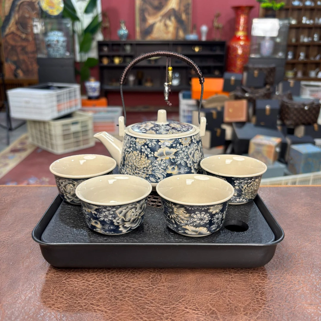 【闪购商品】精致青花掐丝牡丹提梁壶一壶四杯带茶盘