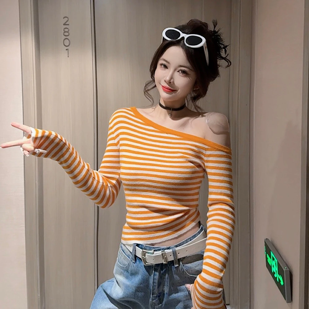 【CCDZ】春夏新款时尚百搭显瘦条纹针织拉肩上衣女