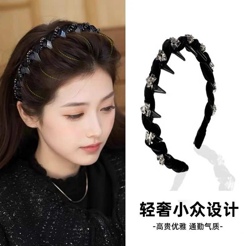 洋气黑色丝绒水钻波浪发箍2025新款轻奢高颅顶神器洗脸压发发卡