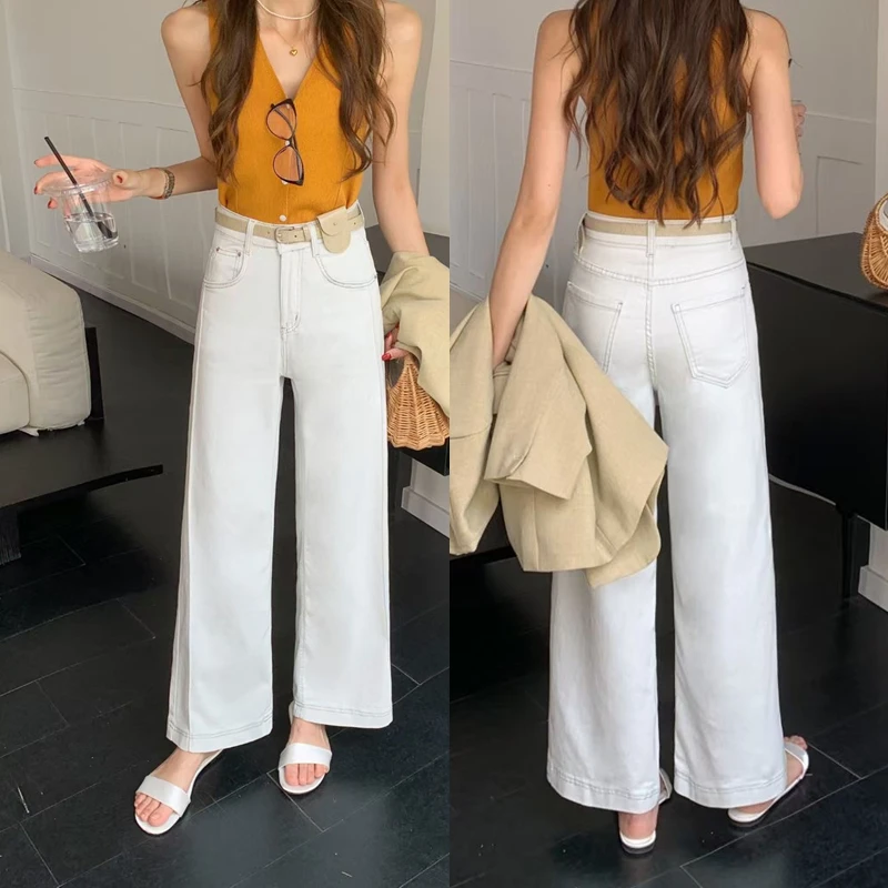 欧货高腰银灰白小个子直筒牛仔裤女春夏新款薄宽松显瘦九分阔腿裤