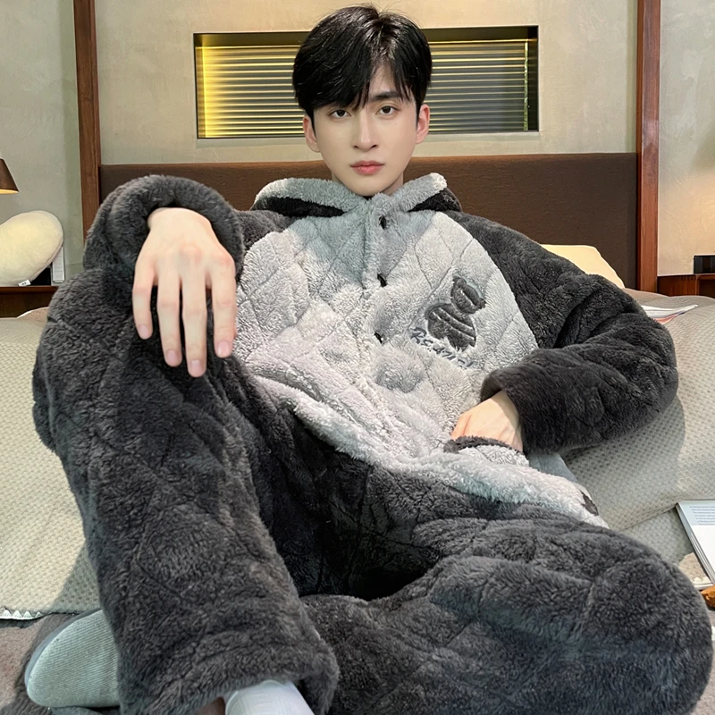 三层夹棉加厚加绒冬季男士睡衣冬款珊瑚绒三层夹棉袄秋冬天家居服