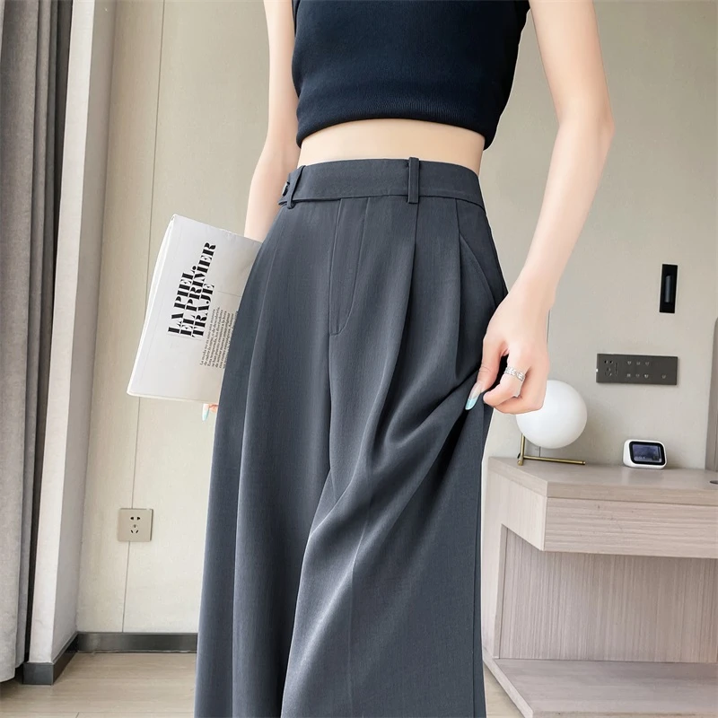 灰色西装裤女春秋2025新款高腰显瘦宽松直筒休闲拖地垂感阔腿裤子
