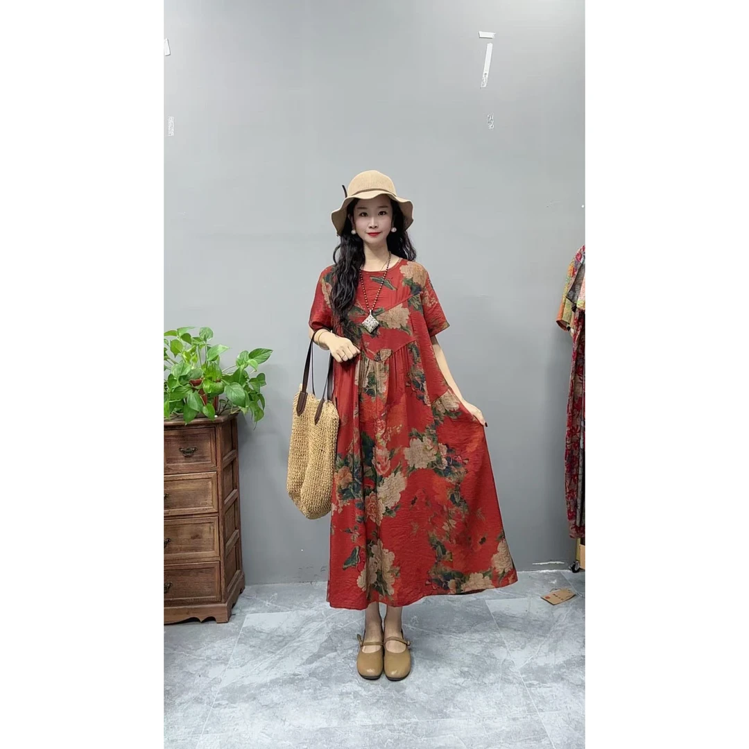 5050夏季新款清凉气质时尚复古遮肚宽松女显瘦百搭圆领休闲连衣裙