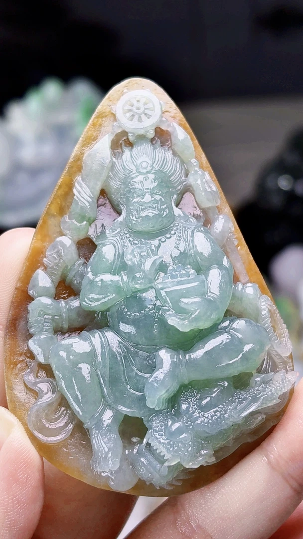 天然缅甸翡翠冰胶黄翡皮壳六臂大黑天毛货买断需抛光尺寸78-51-15