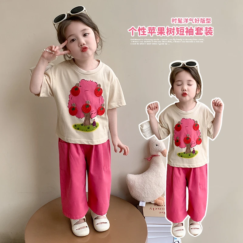 女童短袖套装洋气儿童夏季2025新款女宝宝休闲裤两件套小女孩时髦