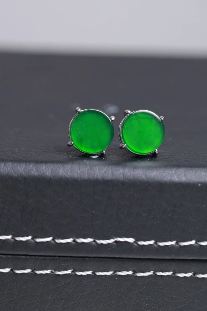 天然A货翡翠圆无事牌耳钉时尚简约 银色 8mm