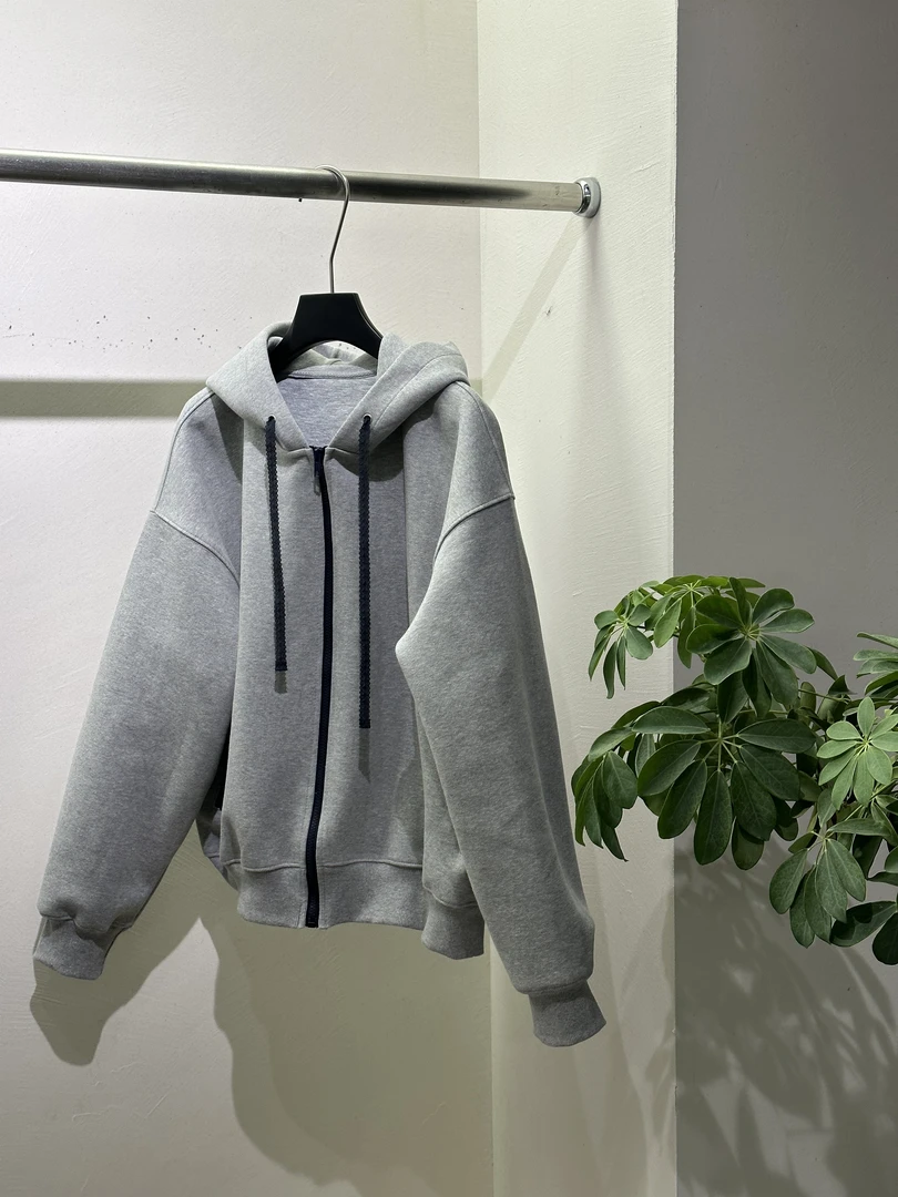 泡菜拼蕾丝飘带连帽设计卫衣外套灰色短款简约春季质感卫衣