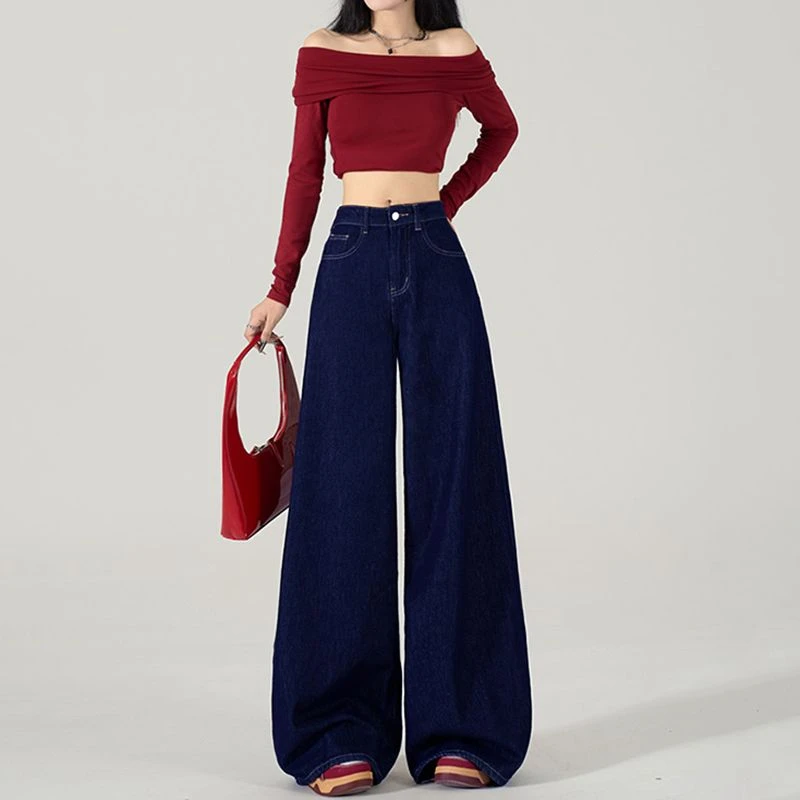 2025新款美式深蓝色阔腿牛仔裤女夏季高腰宽松显瘦垂感直筒拖地裤