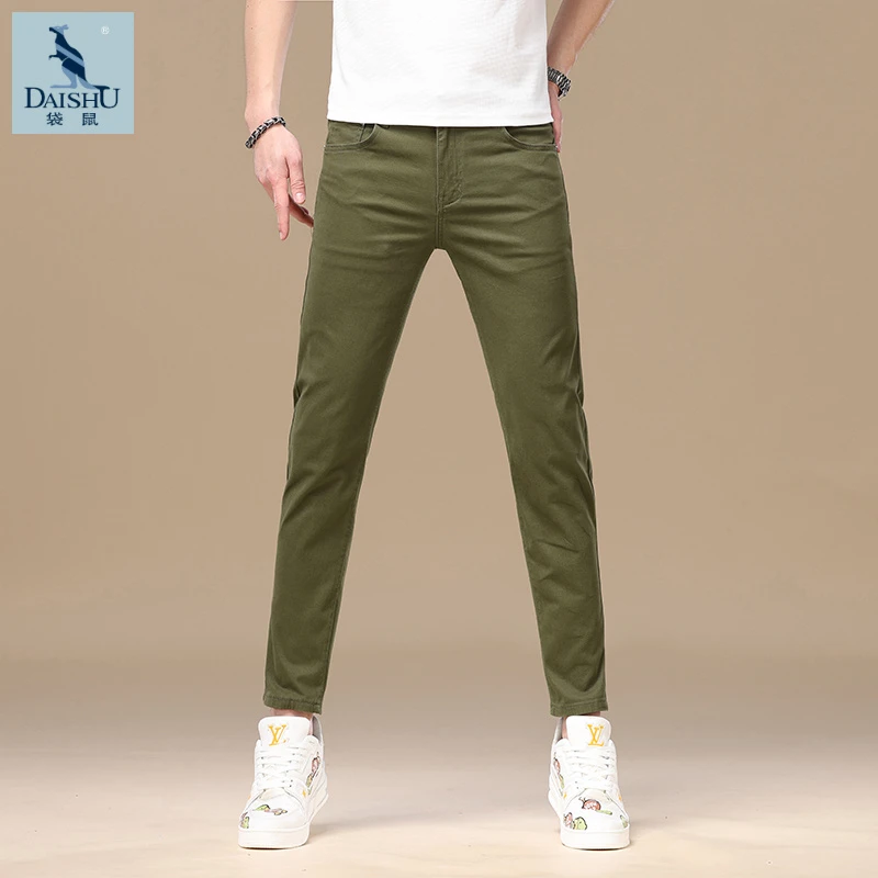 Dai Shu/袋鼠高端军绿色2025夏季新款九分牛仔裤男薄款修身弹力裤