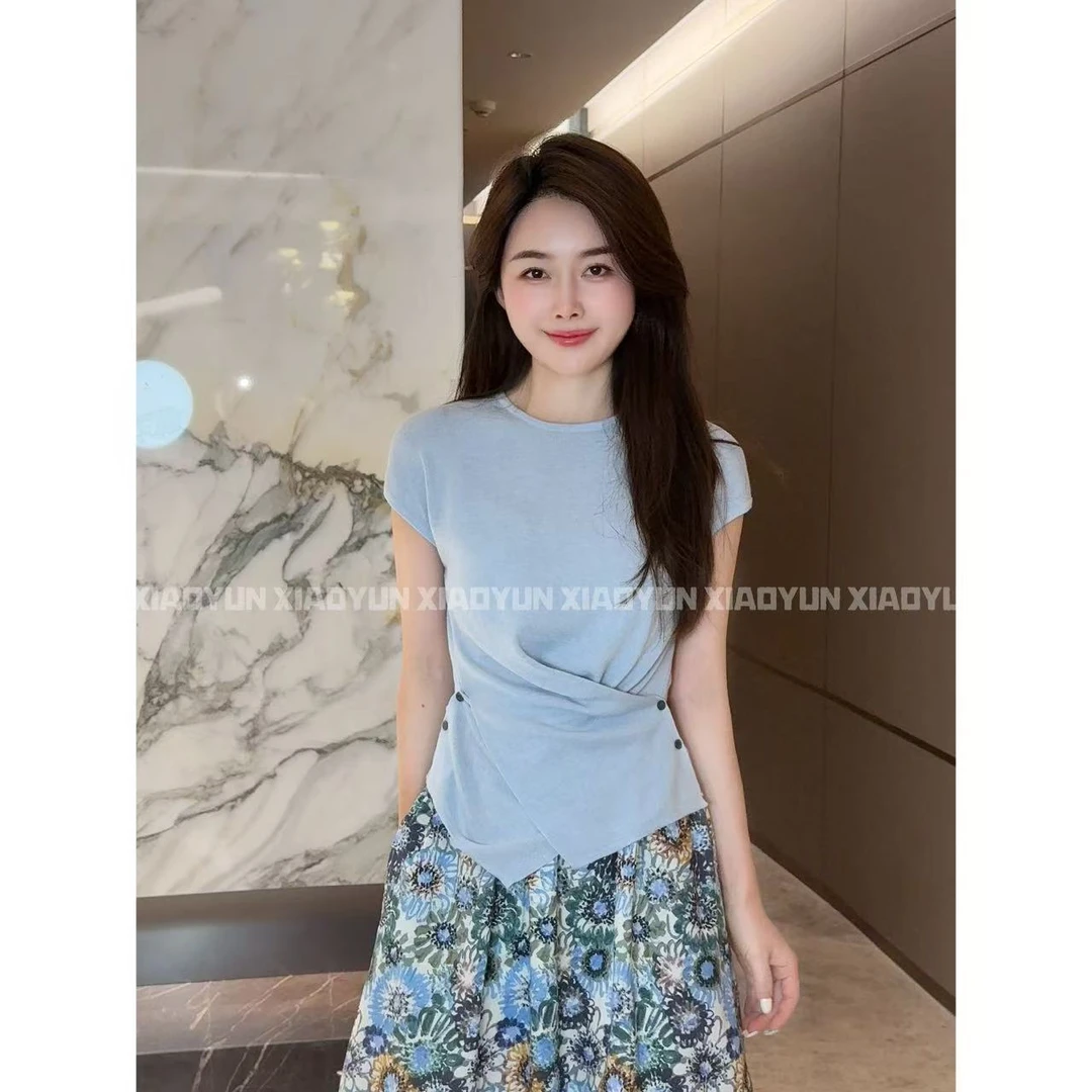 不规则交叉T 小允姐姐2025新款时尚气质高级不规则交叉T恤上衣