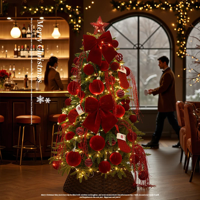 圣诞装饰红色植绒球蝴蝶结圣诞树套餐大型加密发光圣诞商场摆件