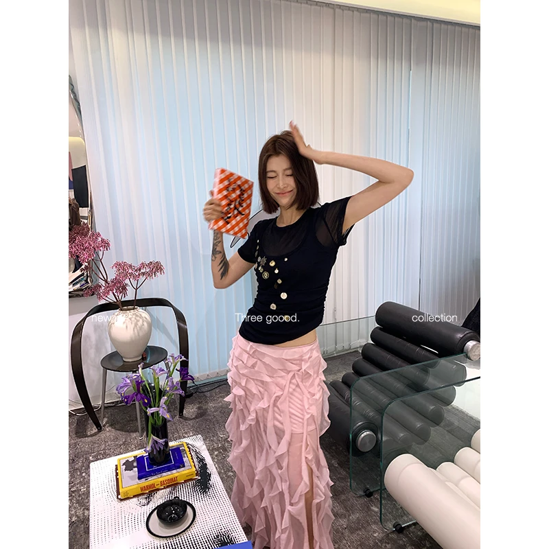 THREE GOOOD/三吉 甜酷圆领纽扣设计感假两件T恤上衣Y725Y00491