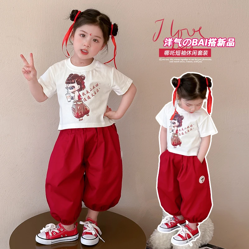 女童亮灯哪吒短袖套装国潮洋气儿童夏季休闲运动两件套小女孩时髦